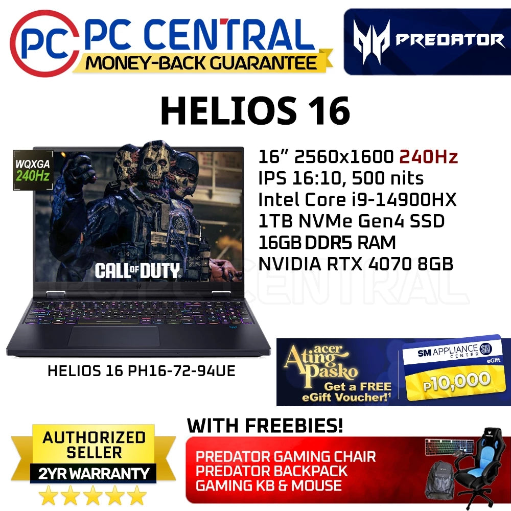 Acer Predator Helios 16 (PH16-72-94UE) | Intel Core i9 14900HX | RTX 4070 8GB (PC CENTRAL)